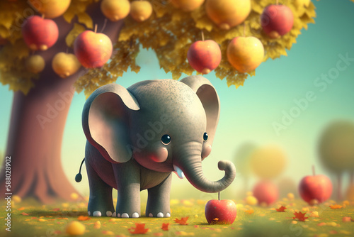 Adorable Little Elephant Under an Apple Tree with an Apple