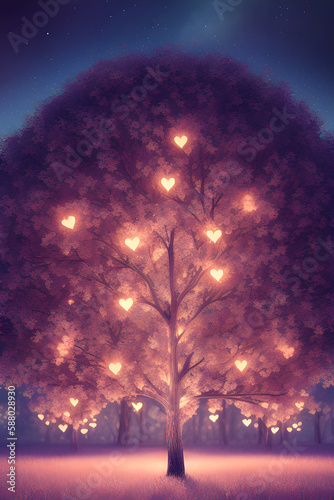 Baum der Liebe, Herzen leuchten in der Nacht, Generative AI