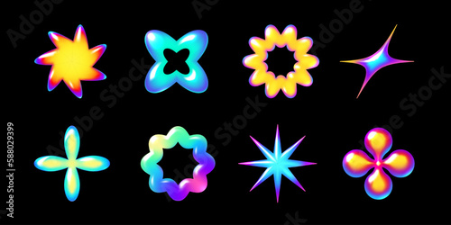 Y2K inspired vector set: 3D abstract neon shapes with futuristic glow, perfect for creating trendy designs, backgrounds, or posters