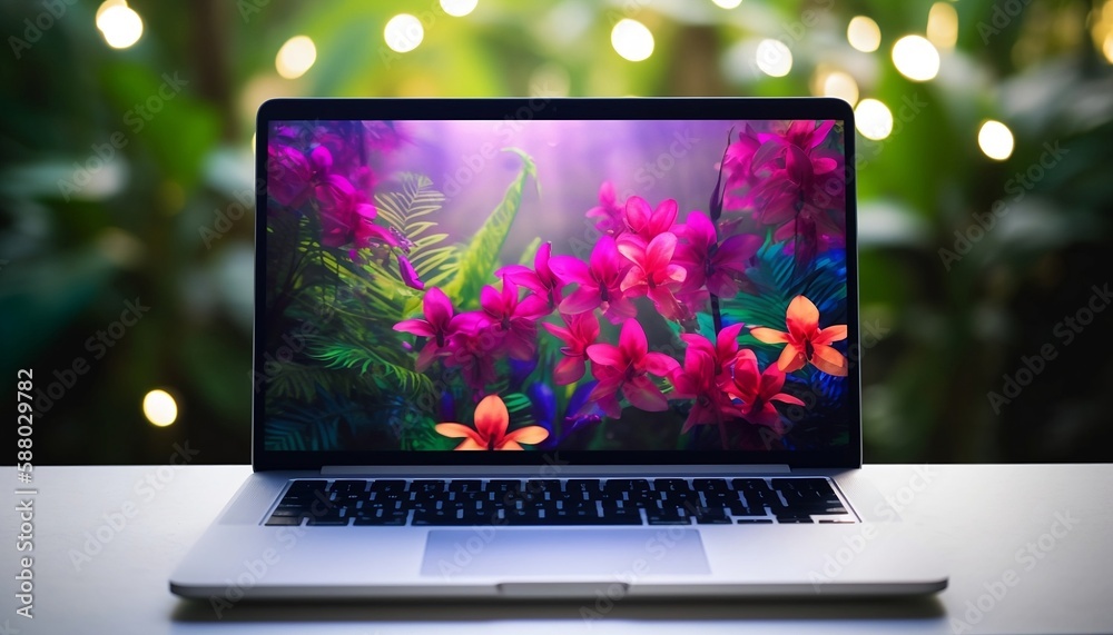 Nature on Your Screen: A Serene PC Display with a Blurred Background, Showcasing Beautiful Tropical Flowers, Generative AI Nature on Your Screen: A Serene PC Display with a Blurred Background, Showcasing Beautiful Tropical Flowers, Generative AI