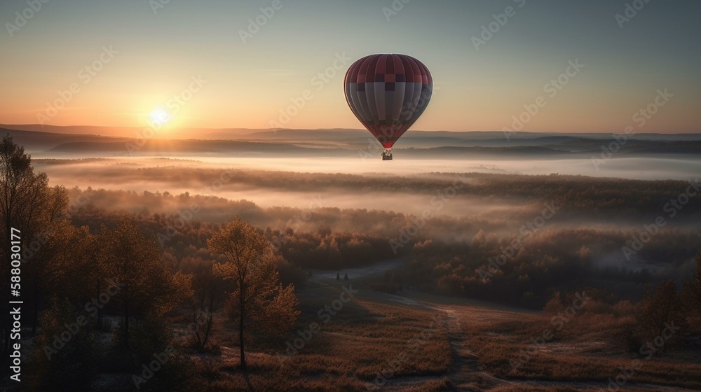 Obraz premium A hot air balloon soaring above a cloudy landscape at sunrise. Generative AI