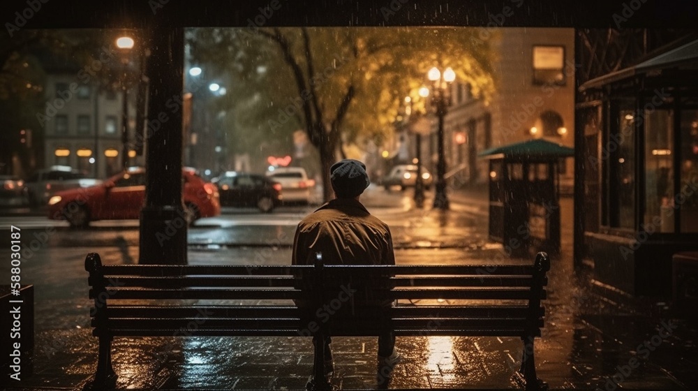 Fototapeta premium A person sitting on a bench watching the rain fall on a city street. Generative AI