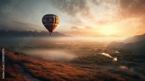 A hot air balloon soaring above a cloudy landscape at sunrise. Generative AI © Наталья Евтехова