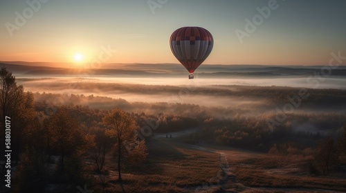 A hot air balloon soaring above a cloudy landscape at sunrise. Generative AI © Наталья Евтехова