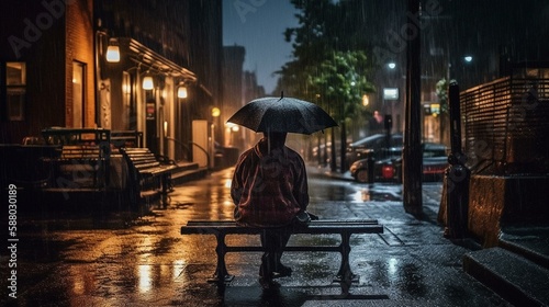 A person sitting on a bench watching the rain fall on a city street. Generative AI