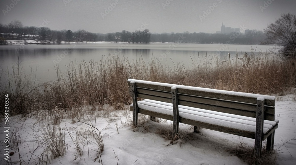 A snow-covered park bench with a view of a frozen lake in the background. Generative AI
