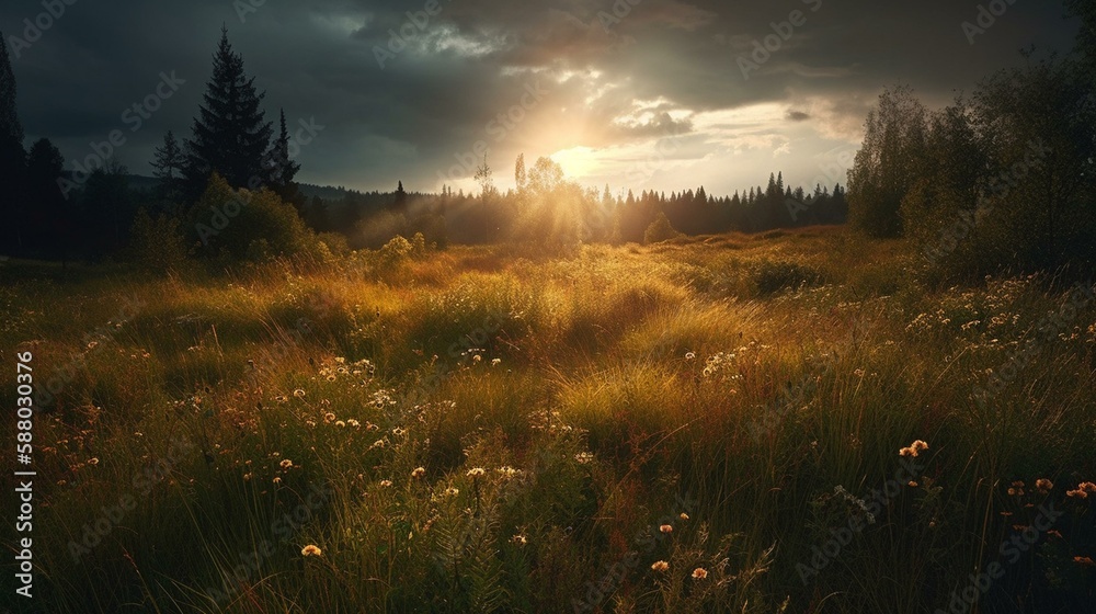 A cloudy sky with the sun shining through, casting a warm glow on a meadow. Generative AI