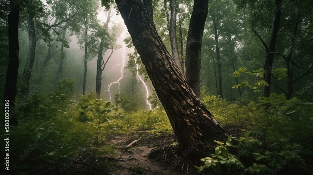 Obraz premium A lightning bolt striking a tree in a forest during a thunderstorm. Generative AI