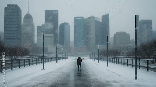 A person walking through a snowstorm with a city skyline in the background. Generative AI