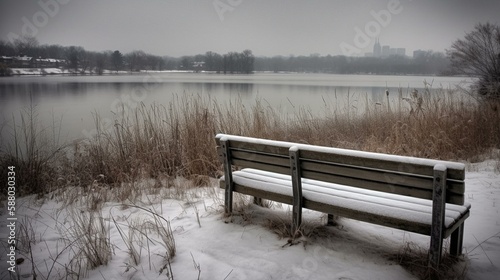 A snow-covered park bench with a view of a frozen lake in the background. Generative AI