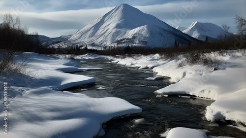 A snowy mountain range in the distance with a frozen river in the foreground. Generative AI