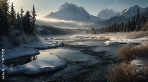 A snowy mountain range in the distance with a frozen river in the foreground. Generative AI © Наталья Евтехова