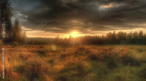 A cloudy sky with the sun shining through, casting a warm glow on a meadow. Generative AI © Наталья Евтехова