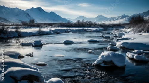 A snowy mountain range in the distance with a frozen river in the foreground. Generative AI