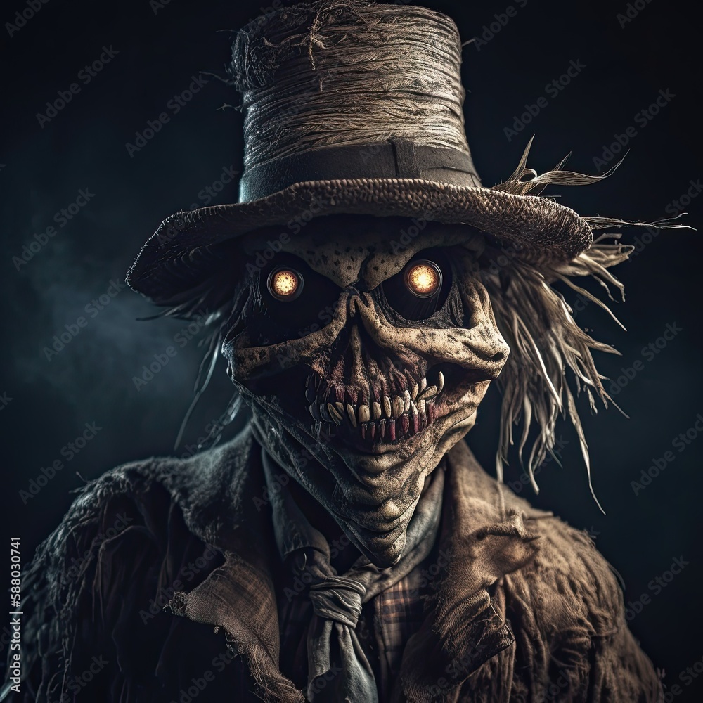 Halloween Horror: A Dark, Evil Scarecrow with a Devilish Hat, Ready to Bring Fear and Nightmares: Generative AI