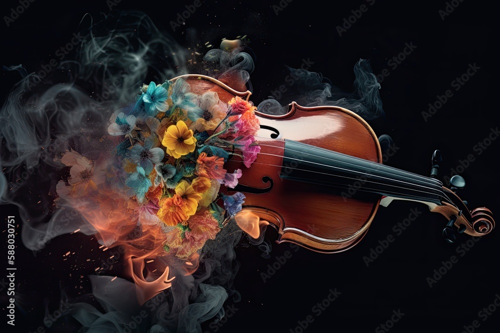 Vintage Performer Lifestyle: Creative Violin with Flowers and Smoke - Abstract Poster Background for Entertainment: Generative AI