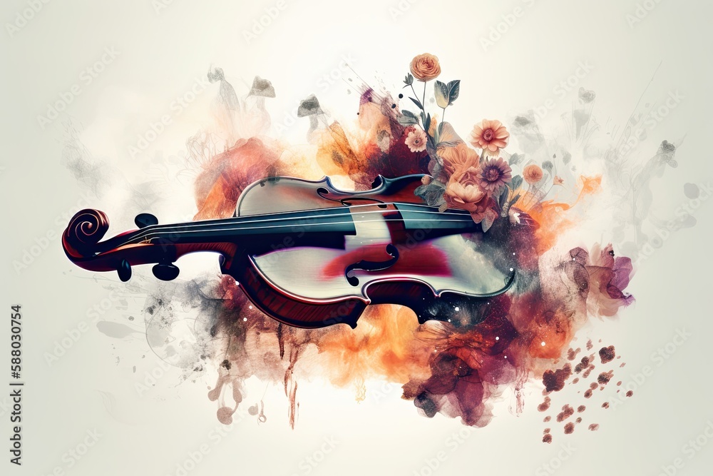 Vintage Performer Lifestyle: Beautiful Abstract Creative Violin Performance with Flowers and Smoke. Generative AI