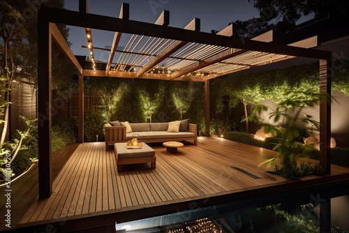 The Dreamy Dusk Delight: Generative Design of a Lavish Backyard Garden with Pergola, Deck, Pool and Trees. Generative AI