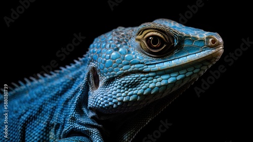 Majestic Wild Blue Dragon Lizard in its Natural Habitat on a Black Background. Generative AI