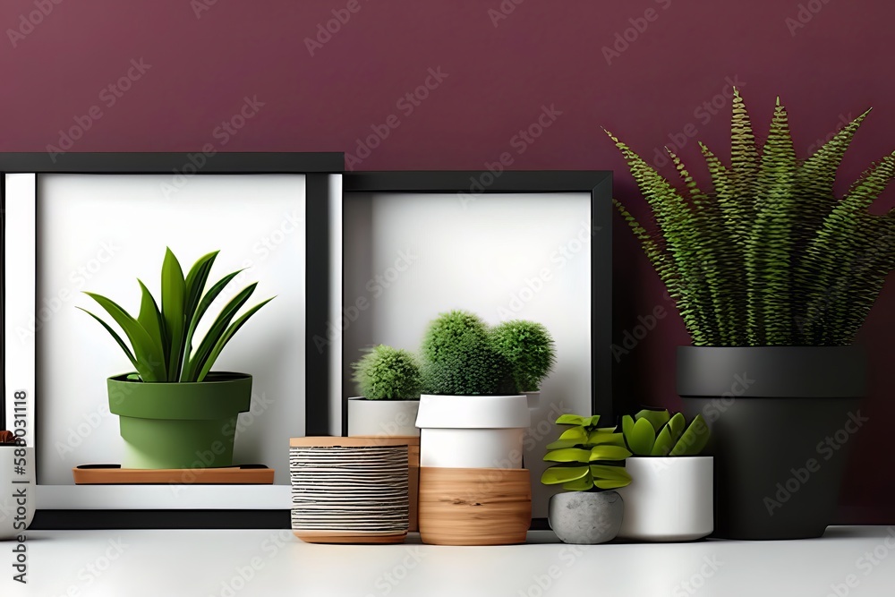 Modern room decoration with picture frame mockup. White shelf against multi color wall with pottery and succulent plant Modern room decoration with picture frame mockup. White shelf against multi color wall with pottery and succulent plant