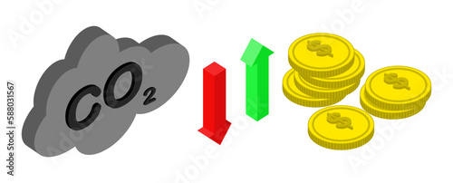 3D Carbon credit isometric carbon or cloud with dollar coins on white background