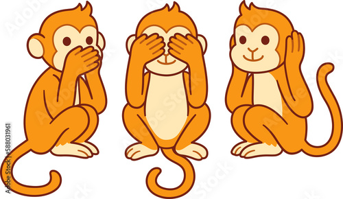 Photography Three wise monkeys with hands covering eyes, ears and mouth: See no evil, Hear no evil, Speak no evil