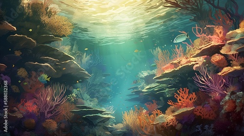 Underwater coral reef, a colorful and vibrant ecosystem of fish and coral, generative AI