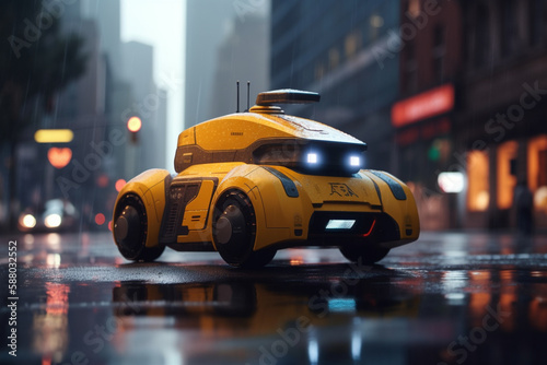 Futuristic Robot Taxi Driving Through City of Tomorrow