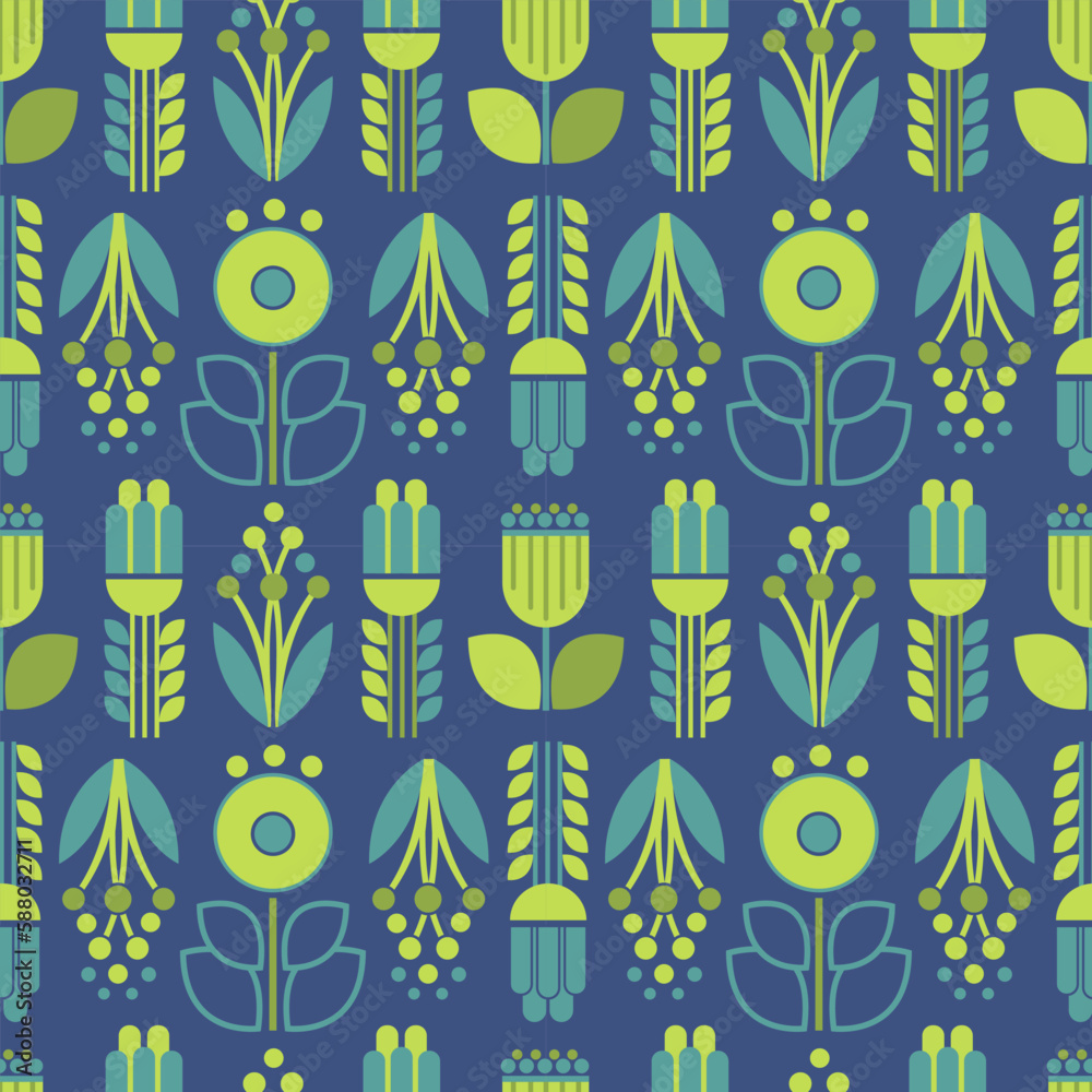Geometric seamless vector flowers. Green and blue grass with decorative stylized elements. Nice simple art print for summer fabric. Modern botany illustration. Leaves and plants ornament for Wallpaper