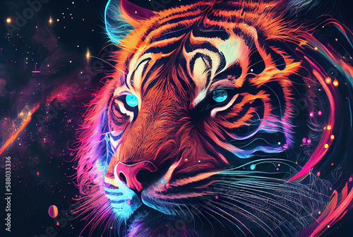 Vibrant color tiger head illustration. Generative ai.