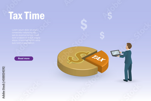 Businessman with tax ratio deduction from business income in dollar gold coin. Tax and vat expense concept.