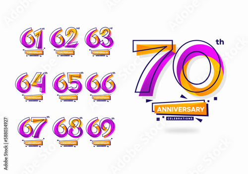 Colorful modern anniversary celebration logotype set. 61, 62, 63, 64, 65, 66, 67, 68, 69, 70 photo