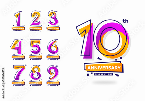 Colorful modern anniversary celebration logotype set. 1, 2, 3, 4, 5, 6, 7, 8, 9, 10