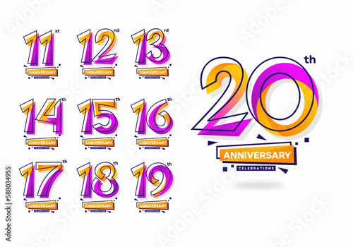 Colorful modern anniversary celebration logotype set. 11, 12, 13, 14, 15, 16, 17, 18, 19, 20 photo