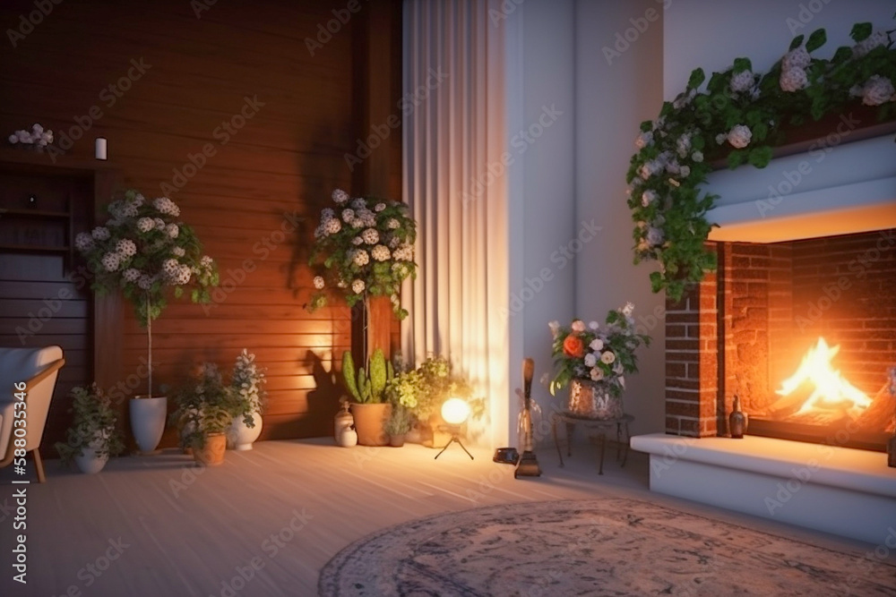 Fototapeta premium Modern interior design of the living room with fireplace. Super photo realistic background, generative ai illustration