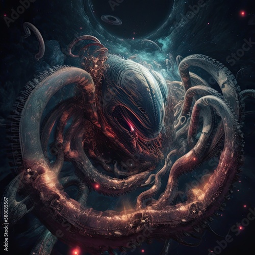 The Madness of an Alien Tapestry: A Complex Cosmic Horror of Worms, Celestial Galaxies, and Spiraling Symmetry: Generative AI