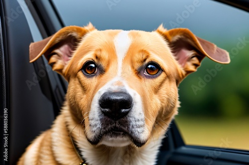 Dog looks out the car window, AI-generated, Generative AI