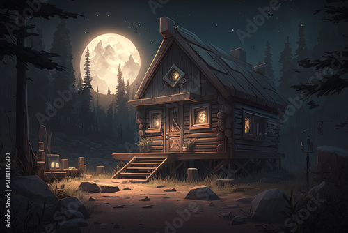 Fantasy concept art with witch hut. AI Generative illustration