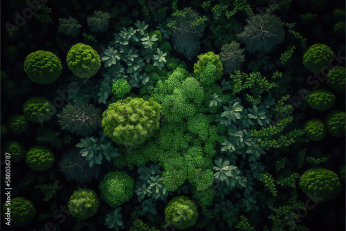 Aerial view of green summer forest. Generative illustration © WhataWin