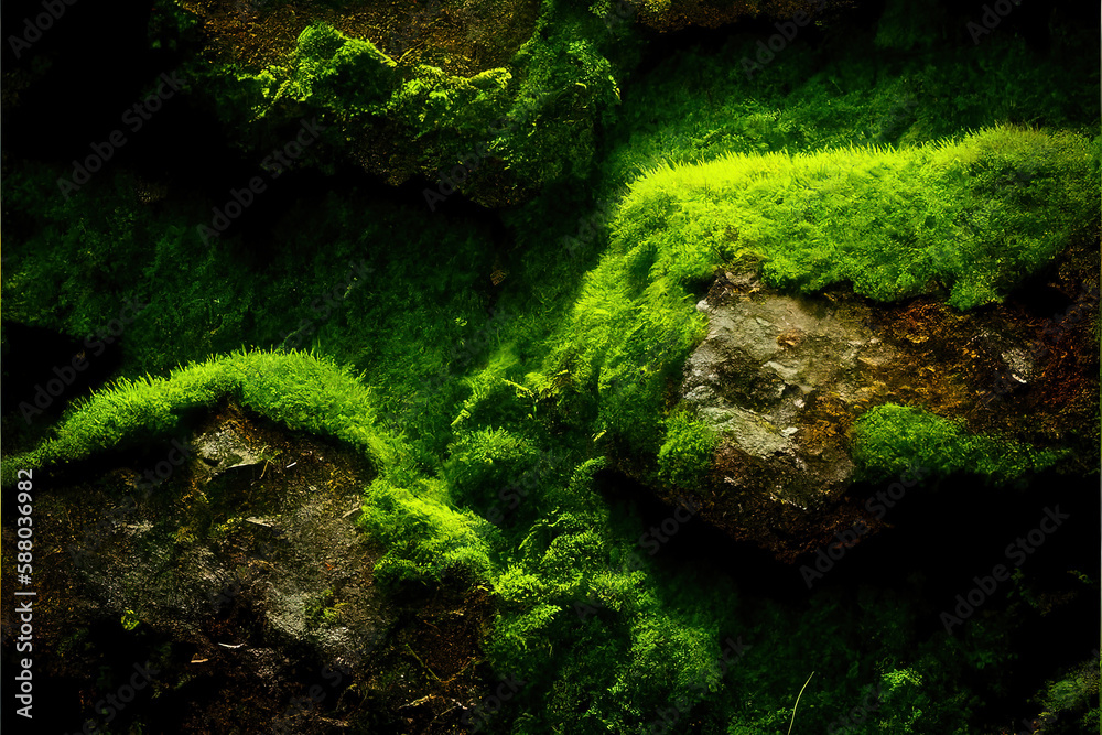 Beautiful green moss texture. Green abstract background. Generative illustration