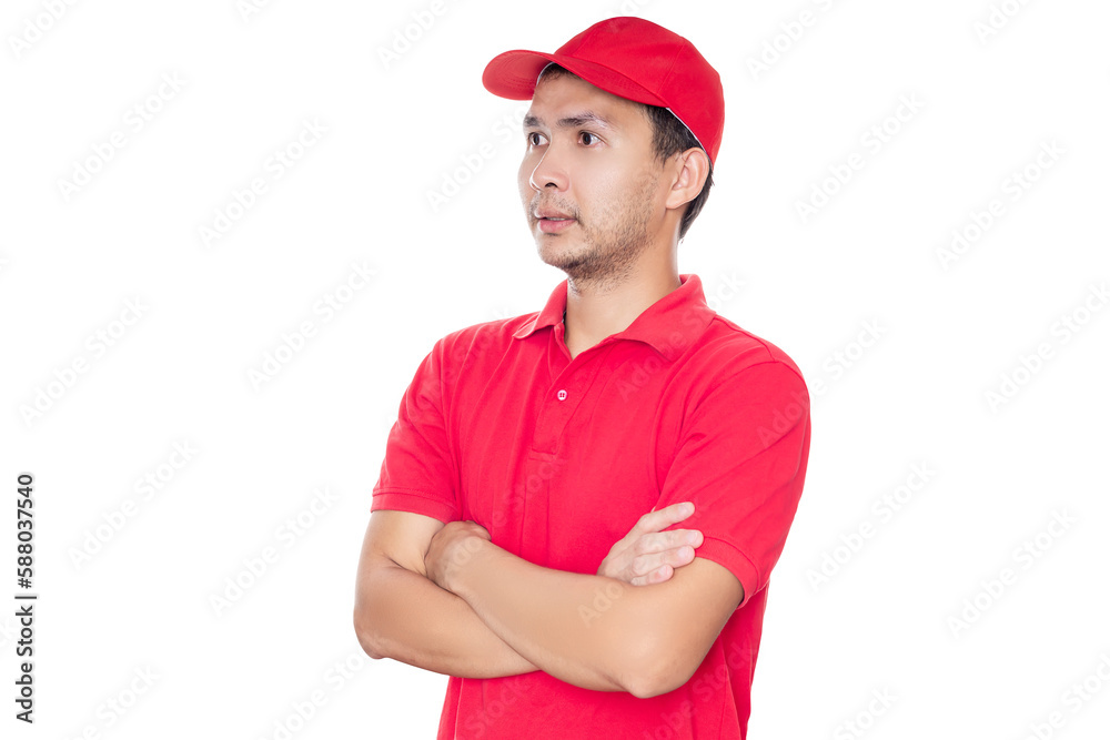 Asian Man in red shirt and cap standing with crossed arms. Concept Deliveryman. Asian Man in red shirt and cap standing with crossed arms. Concept Deliveryman.