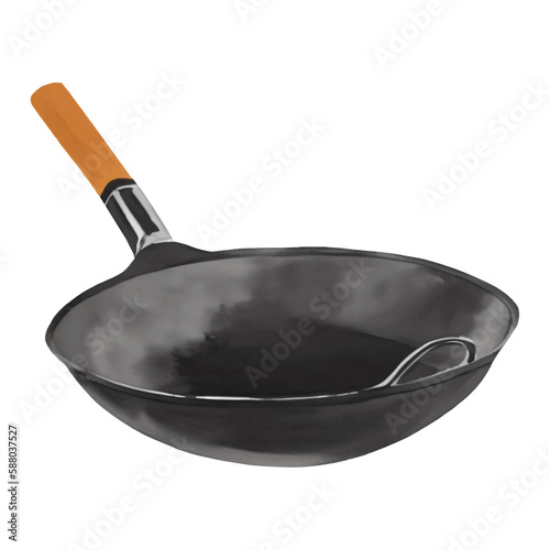 Wok with Wooden Handle Isolated Hand Drawn Painting Illustration