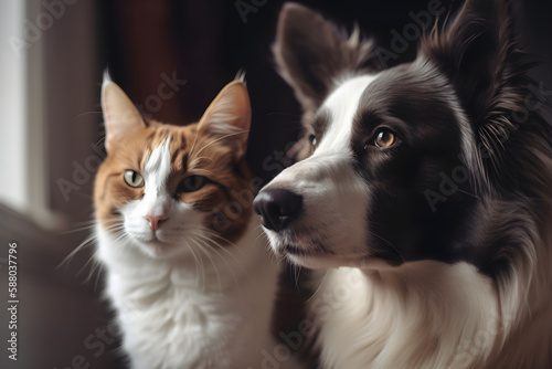 Adorable lovely dog with cat friends together, generative ai.