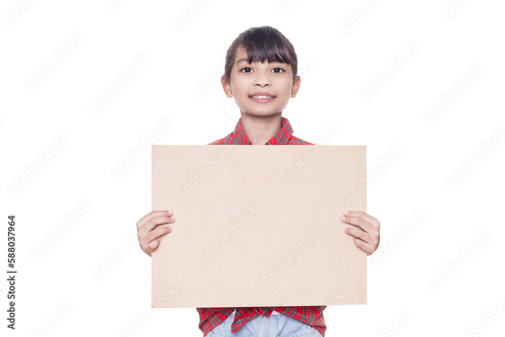 Young Asian girl standing holding a empty brown wooden board. Education concept. Copy space. Young Asian girl standing holding a empty brown wooden board. Education concept. Copy space.