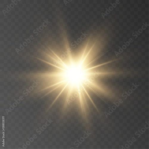 Glowing light explodes  light flash golden color. Beam of the shining sun. Special glare light effect. Bright flash.  