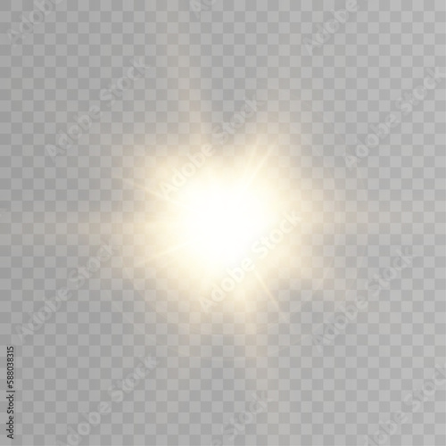 Glowing light explodes, light flash golden color. Beam of the shining sun. Special glare light effect. Bright flash.	
