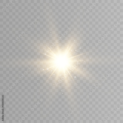 Glowing light explodes, light flash golden color. Beam of the shining sun. Special glare light effect. Bright flash. 