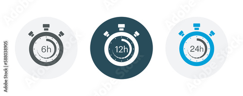 6, 12, 24,hours order execution or delivery service icons.24 Hours a Day service icons are designed in a simple. 6 hours, 12 hours, 24 hours clock sign icon concept with arrow loop vector icon 