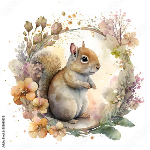 baby squirrel, watercolor animal with delicate flower arch, drawing for children's room, storybook, nurcery wall art, generative ai,  photo