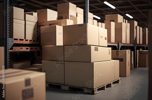 cardboard boxes abound in the inventory in the contemporary warehouse storage of the retail store, internet shopping concepts, online shopping, generative ai